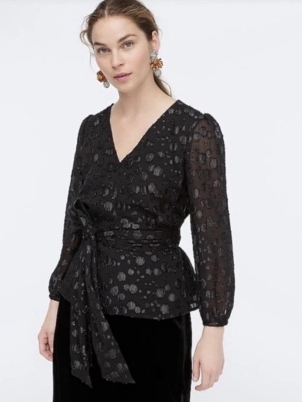 NWT J. Crew Tie-waist V-neck Top Black Metallic Dot Jacquard Blouse